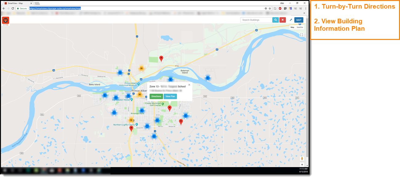 SmartView Map Building Pin Options (screenshot)